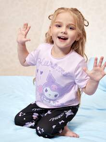 HELLO KITTY AND FRIENDS | SHEIN 女童可爱卡通字母图案短袖T恤长裤睡衣套装，春夏秋季 - 淡紫色 - 查看 4
