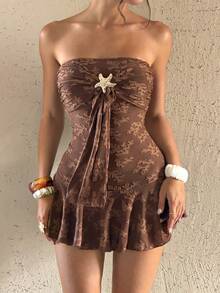 Bluhae Women's Printed Minimalist Daily Tube Dress - Coffee Brown - View 5