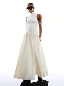 LYSMO 2026 New Arrive Minimalism Spring/Summer Women's Fashion Ribbed Knit Patchwork Turtleneck Sleeveless Dress - Beige - View 4