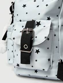 ROMWE Grunge Punk 1个朋克学院风猫脸五角星波点音符徽章骨星撞色多口袋星形灰蓝背包，时尚休闲，男女通用大容量背包，适合通勤、上学等场合。 - 灰藍色 - 查看 4