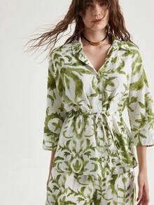 Frievida Vintage Floral Print Set On White & Green Background, Handmade, Casual Relaxed Vibe Suitable For Spring/Summer Vacation, Outdoor Travel, Daily Commute, Cinched Waist Design - Green - View 4