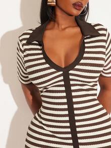 SHEIN SXY 夏季加大码V领短袖条纹修身连衣裙 - 彩色 - 查看 6