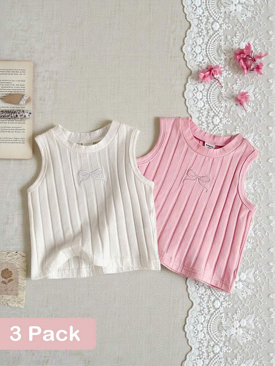 SHEIN 2pcs/Set Baby Girl Infant Toddler 0-3Y Spring Summer New Basic Hollow Heart Round Neck Sleeveless Cropped Tee Shirt Top, Cotton Knit Fabric, Pink & White - Pink - View 1