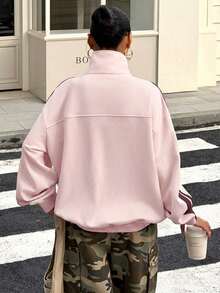 Muchica Women's Casual Sports Commuter Contrast Striped Side Snap Button Zip-Up Lightweight Jacket, Autumn - Baby Pink - View 2