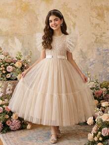 Tween-Mädchen Elegantes luxuriöses Tüll-Patchwork-Prinzessinnenkleid, geeignet für Geburtstagsfeiern, Hochzeiten, BlumenKleid - Aprikosenfarben - Übersicht 3