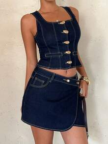 Aloruh Bộ đồ nữ gồm áo không tay màu trơn tối giản và chân váy denim, thích hợp mặc hàng ngày. - Màu xanh lam - Xem 1