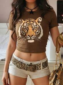 Rovax Tiger Print Round Neck Cropped Fitted Fashionable Short Sleeve T-Shirt - Khaki - View 4