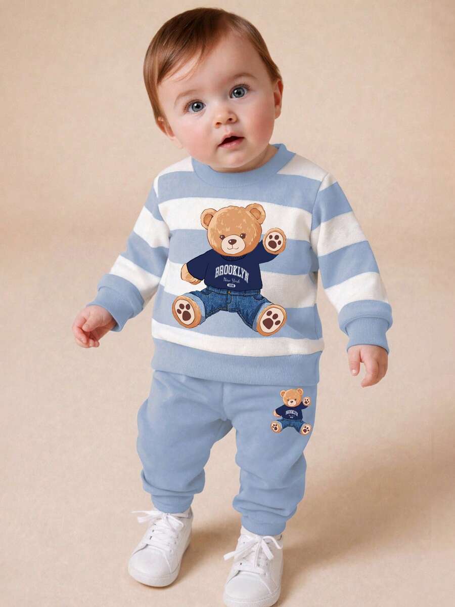 SHEIN Playful Pals 2pcs/Set Toddler Boys' Blue White Stripe Collegiate Sweatshirt Set Cute Bear Design Crew Neck Long Sleeve Sweatpants For Autumn Family Matching Gift