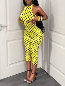 BamGleam Bộ jumpsuit nữ thời trang, ôm sát, chất liệu lụa sữa co giãn, họa tiết chấm bi màu sắc tươi sáng, kiểu dáng buộc dây cổ, hở lưng, không tay, quần lửng. - Màu vàng - Xem 3