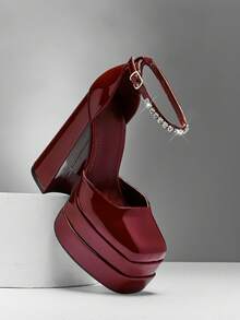 SHUZIA Women Glamorous Sexy Ankle Strap Double Platform Heel Pumps - Burgundy - View 7