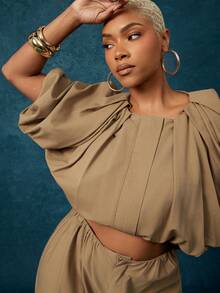 Vixey Khaki Round Neck Patch Pocket Bubble Sleeve And Hem Cropped Bomber Jacket - Brown - View 5