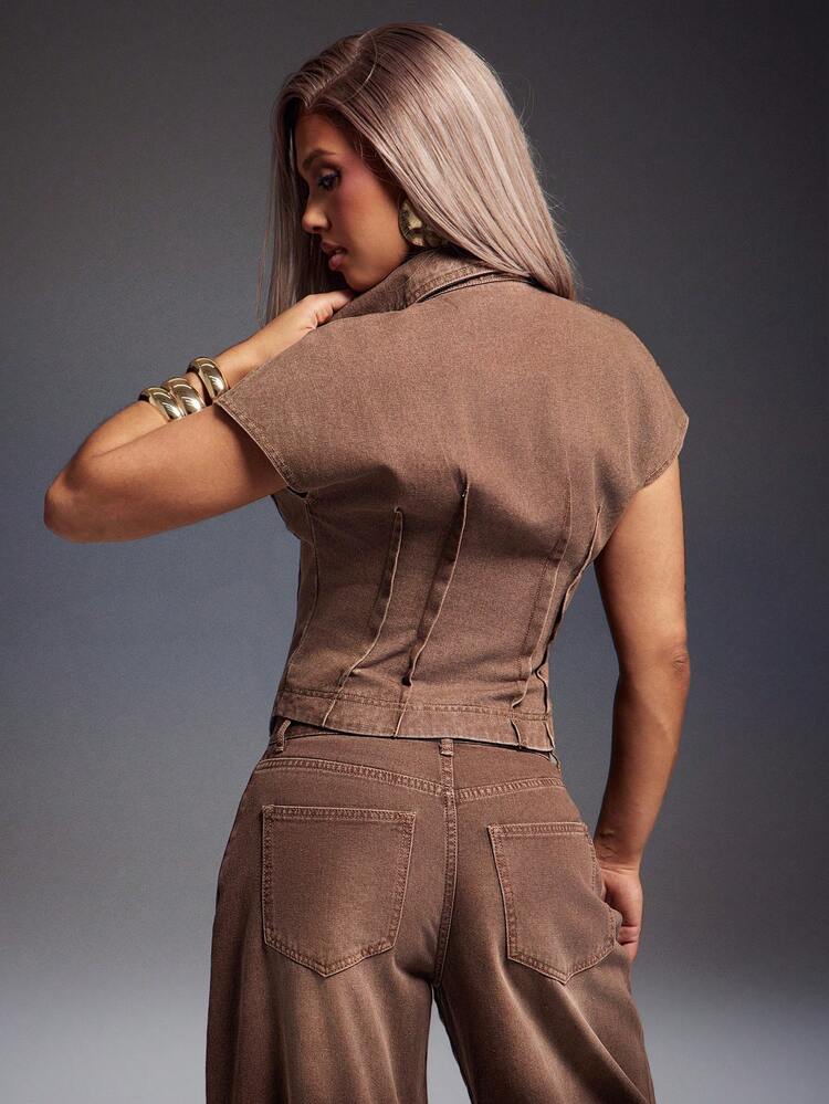 Denimoi Top de mezclilla con cuello, botones y cintura ceñida - Top de mezclilla con cuello de moda - Mezclilla con mezclilla - Marrón - Añade 4