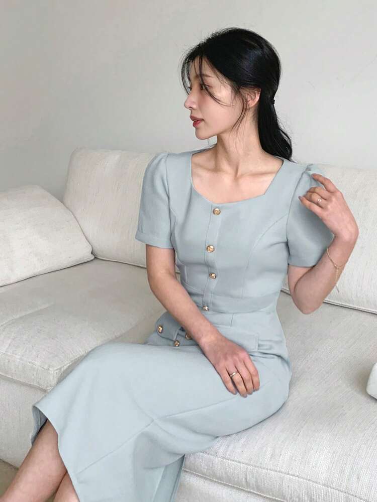 Women's Fitted Commuter Style Short Sleeve Single-Breasted Midi Dress Summer Sundress