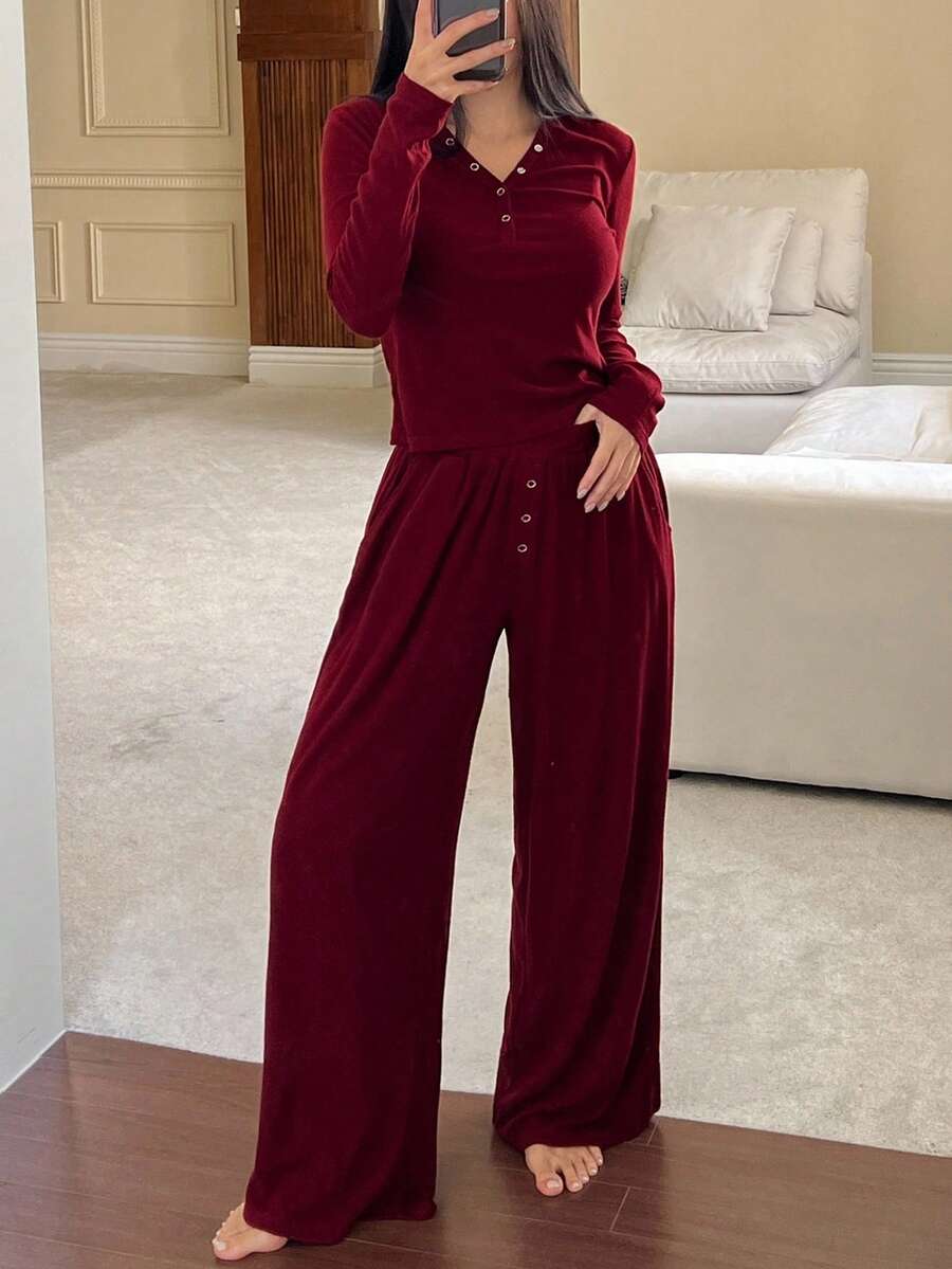 DAZY Comfortable Knit Partial Button Fitted Top And Loose Pants Women Sleepwear Lounge Set, Fall Winter Clothes, Cozy Outfit - Red - View 1