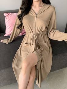 DAZY Women's Casual Loose Hooded Cinched Waist Long Robe - Khaki - View 4