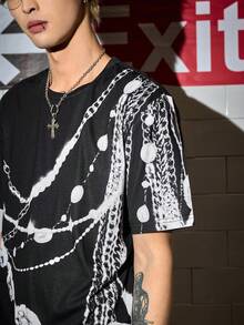 ROMWE MEN Grunge Punk Men's Casual Chain Print Short Sleeve T-Shirt, Summer - Black - View 2