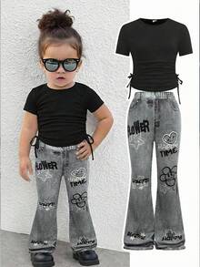 Bubblio 2pcs Baby Girl Solid Color Knit Crew Neck T-Shirt And Fitted Denim Effect Casual Pants Set Toddler Flare Bell Bottoms Outfit - Black - View 1