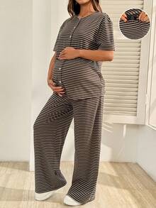 SHEIN Maternity Clothes Maternity Co Ord Summer Pregnant Clothes  Striped Two-Piece Set  Comfortable,  Soft Casual - Brown - View 1