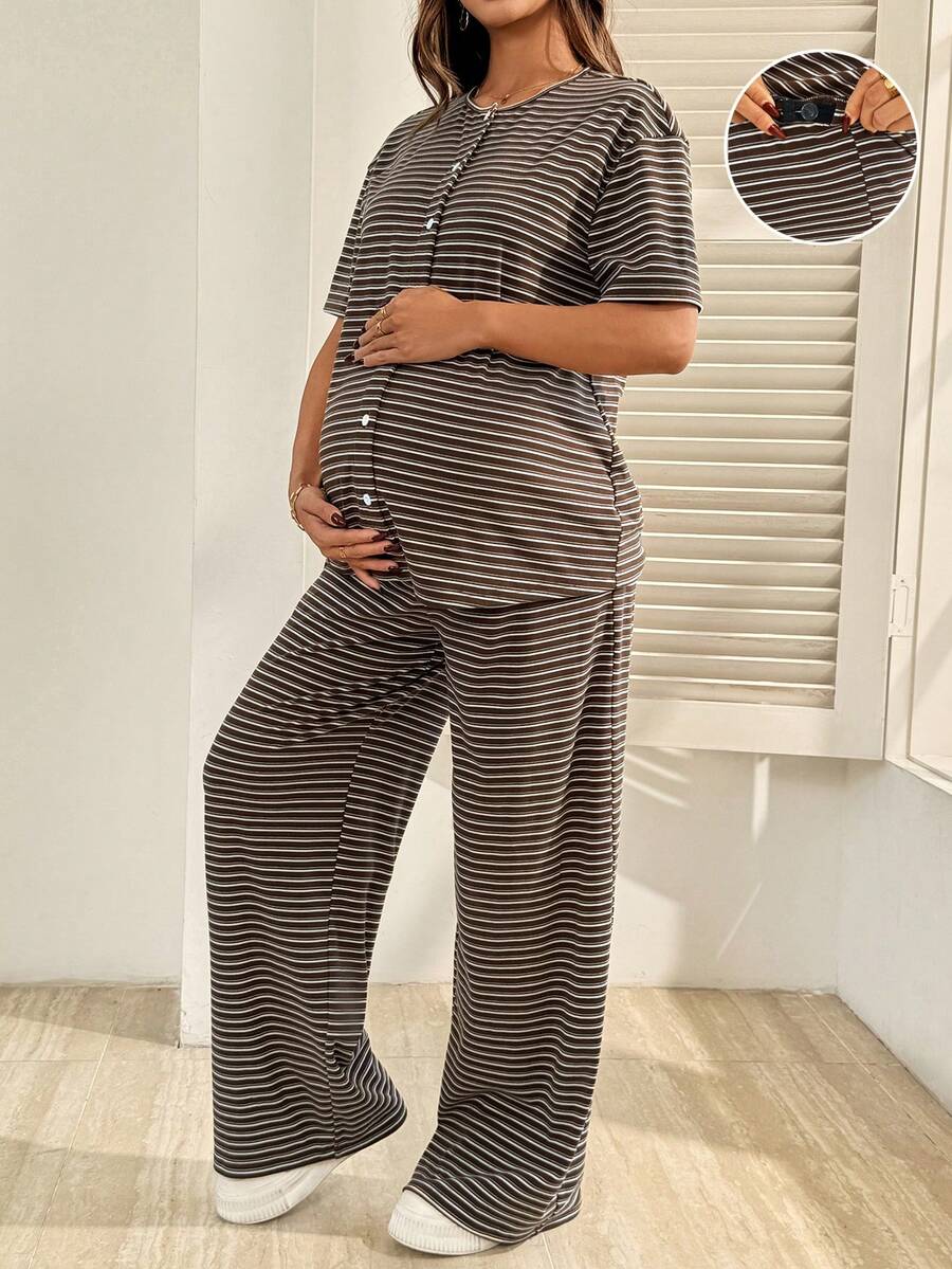 SHEIN Maternity Clothes Maternity Co Ord Summer Pregnant Clothes  Striped Two-Piece Set  Comfortable,  Soft Casual - Brown - View 1