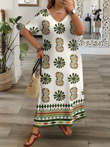 Modelyn CURVE Đầm ngắn tay cổ chữ V dáng suông dành cho nữ cỡ lớn, thích hợp cho mùa hè. - Nhiều màu - Xem 5