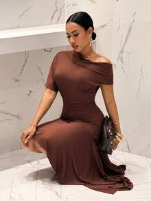 Slaydiva New Summer Style, Perfect For Birthday Parties, Back-To-School, Preppy, Student Wear, Everyday Outings, Basic And Versatile, Casual, Vacation, Cruise Travel, Beach, Seaside, Sunbathing, Online Style, Streetwear, Millennial Y2K Sexy Girl, Open Shoulder Ruffled Asymmetrical Hem Light Brown Dress - A - Brown - View 3