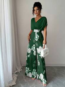 Elenzga 女式V领宽松百褶腰印花长款连体裤 - 綠色 - 查看 4