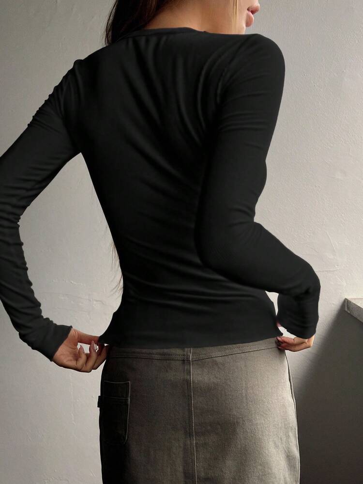 Women's Elegant Fitted Basic Long Sleeve Cotton T-Shirt, Solid Black Color, Spring/Summer