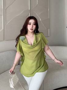 Vibekara Elegante, sexy Bluse mit Blumenmuster, drapiertem Ausschnitt und Rüschensaum für Frauen - Grün - Übersicht 4