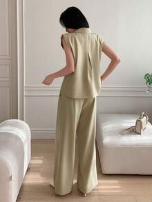 DAZY 女士休闲纯色假口袋外套和阔腿裤套装，春夏款，婚礼宾客礼服 - 綠色 - 查看 2