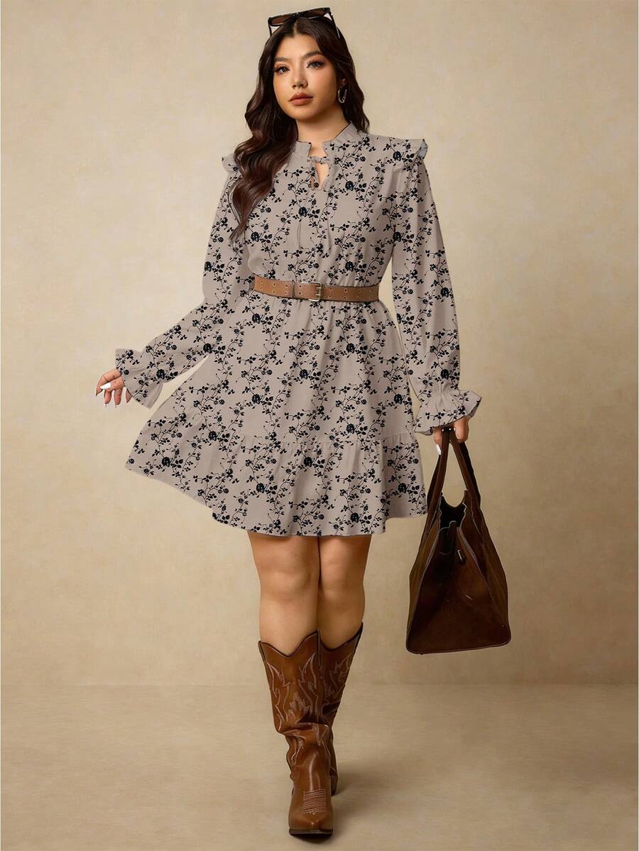 Elaquor 度假风休闲加大码女式碎花荷叶领长袖休闲连衣裙，花卉/情人节春夏风格。 - 卡其色 - 查看 1