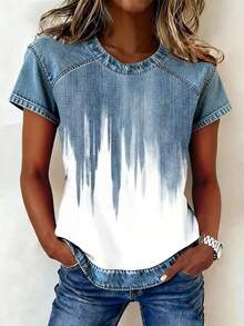 EMERY ROSE Women's All-Over Print Round Neck Casual Versatile Short Sleeve T-Shirt - Multicolor - View 3