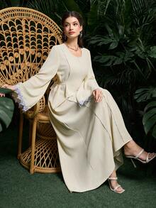 Al Najma Elegant Fitted Waist Solid Color Everyday Arabic Style Dress For Women - Yellow - View 4
