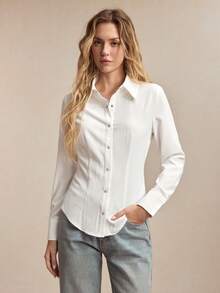 BizChic Solid Color Waist-Cinching Blouse, Business Formal Minimalist Commute Office Social Independence Day Graduation Season Music Festival Slimming Summer Date Daily Vacation Party Wedding Guest Outing Beach Gathering Holiday Shopping Afternoon Tea Travel - White - View 5