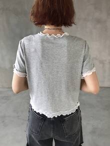 FRIFUL Áo thun nữ tay ngắn cổ tròn màu xám và trắng - Xám - Xem 5