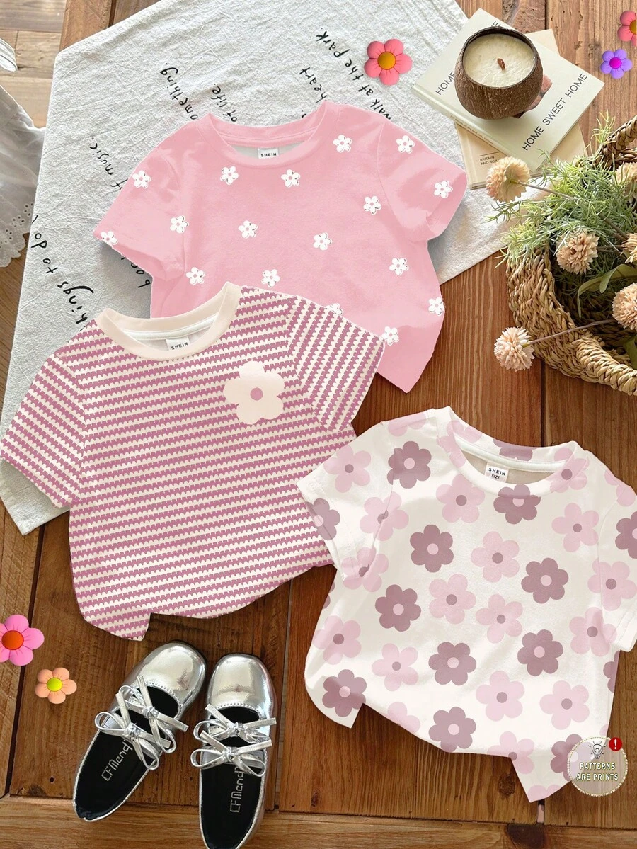SHEIN LMoss Kids 3件組可愛粉色花卉女嬰T恤,夏季返校畢業圓領短袖上衣,條紋與素色休閒女嬰圖案上衣 - 彩色 - 查看 1