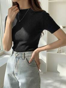 DAZY Suéter de manga corta casual de negocios para mujer - Negro - Ver 2