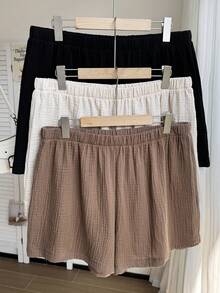 Comfortcana 3pcs/Set Plus Size Solid Color Linen Comfortable Casual Versatile Shorts, Spring/Summer,Two-Piece Set Of Comfortable Cotton Shorts Comfortable Shorts - Multicolor - View 5