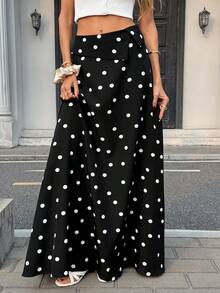 Pariaura Casual Black Polka Dot Print Maxi Skirt For Women Stylish Flared Design With Zipper Detail - Black - View 4