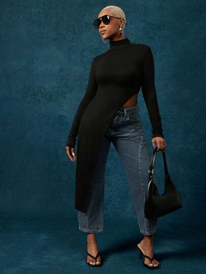 Vixey Black Jersey Mock Neck Long Sleeve Asymmetrical Hem Top