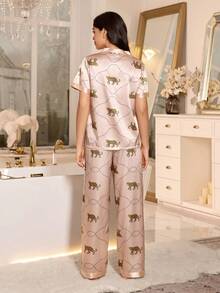 SHEIN Satin Leopard Print Short Sleeve Top And Pants Women Pajama Set, Spring/Summer/Autumn - Champagne - View 2