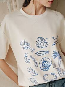 Anewsta Women's Vacation Ocean Element Print Loose Round Neck Short Sleeve T-Shirt - Apricot - View 2