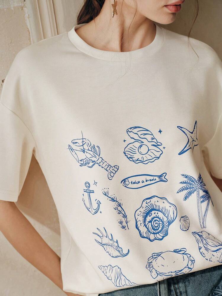 Women's Vacation Ocean Element Print Loose Round Neck Short Sleeve T-Shirt Summer Tshirts Women Graphic Tops Coral White Graphic Tshirt Cropped Graphic Shirt Graphic T Shirt Woman