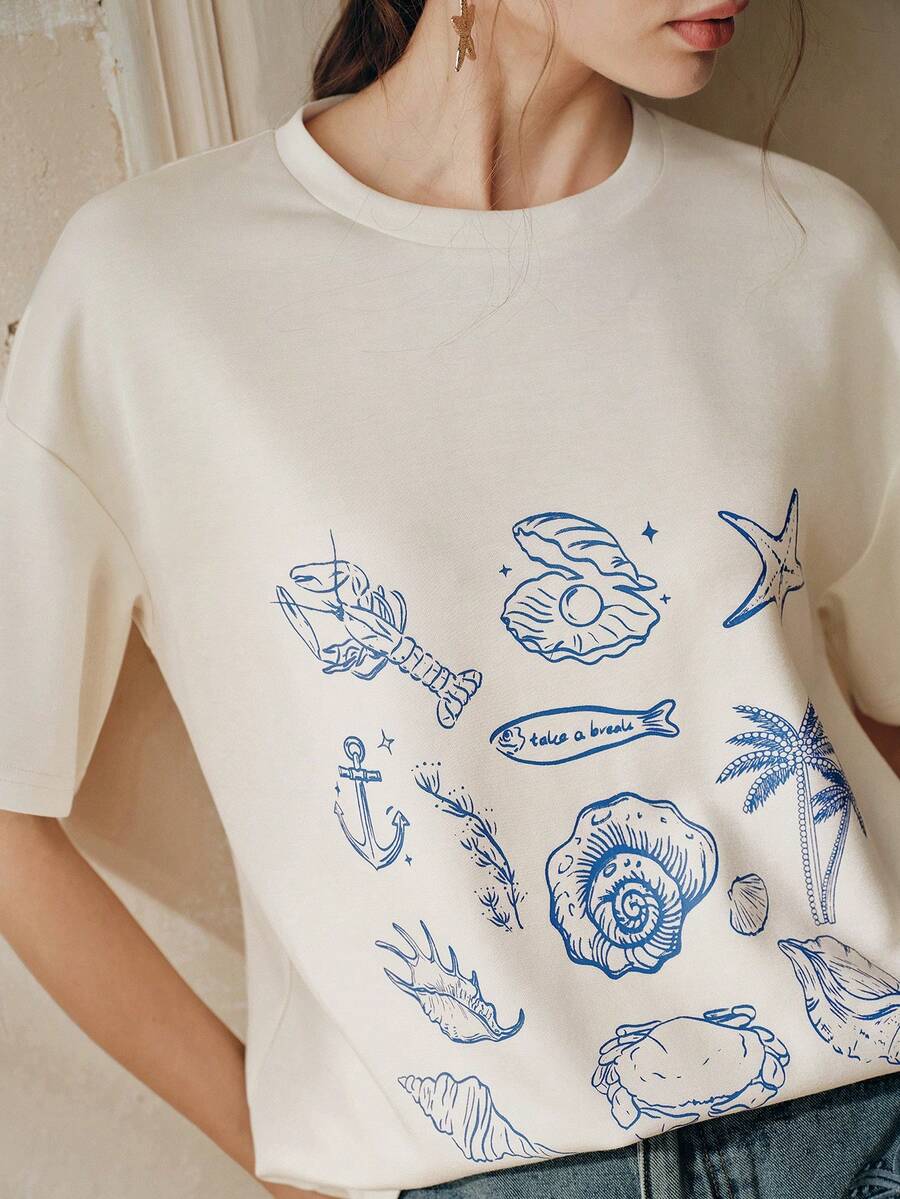 Anewsta 女士度假海洋元素印花宽松圆领短袖T恤 - 杏色 - 查看 1