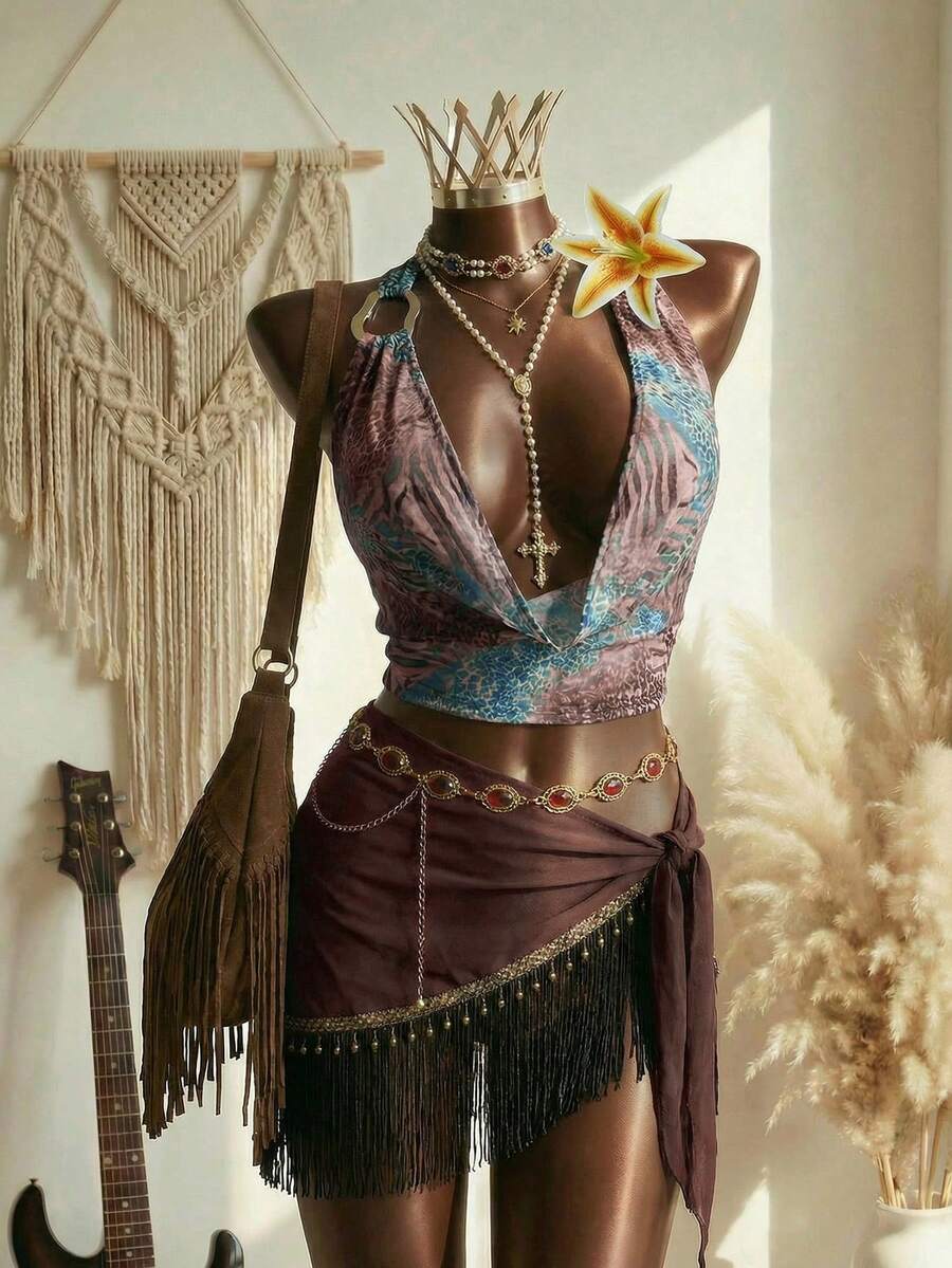 Elin Vora 春夏露背印花设计金属扣饰性感女式上衣 - 彩色 - 查看 1