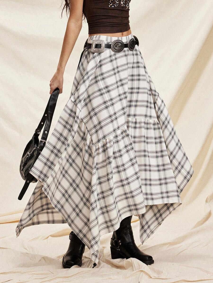 Easelle Plaid Woven Asymmetrical Hem Women Skirt Summer Spring Going Out Vacation Outfits Women Casual  Ruffle Apricot - Multicolor - View 1