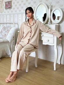 DAZY Bộ đồ ngủ dài tay và quần dài in họa tiết tối giản dành cho bé gái tuổi teen - Màu Khaki - Xem 2