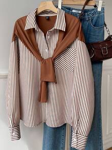SHEIN EZwear Áo sơ mi dài tay nữ in họa tiết phối màu tương phản - Cà phê nâu - Xem 7