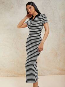 COSMINA Women's Striped Print Fitted Casual Short Sleeve Dress - Black and White - View 3