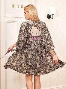 HELLO KITTY AND FRIENDS | SHEIN Women's Leopard Print & Cartoon Pattern Belted Robe - Brown - View 1