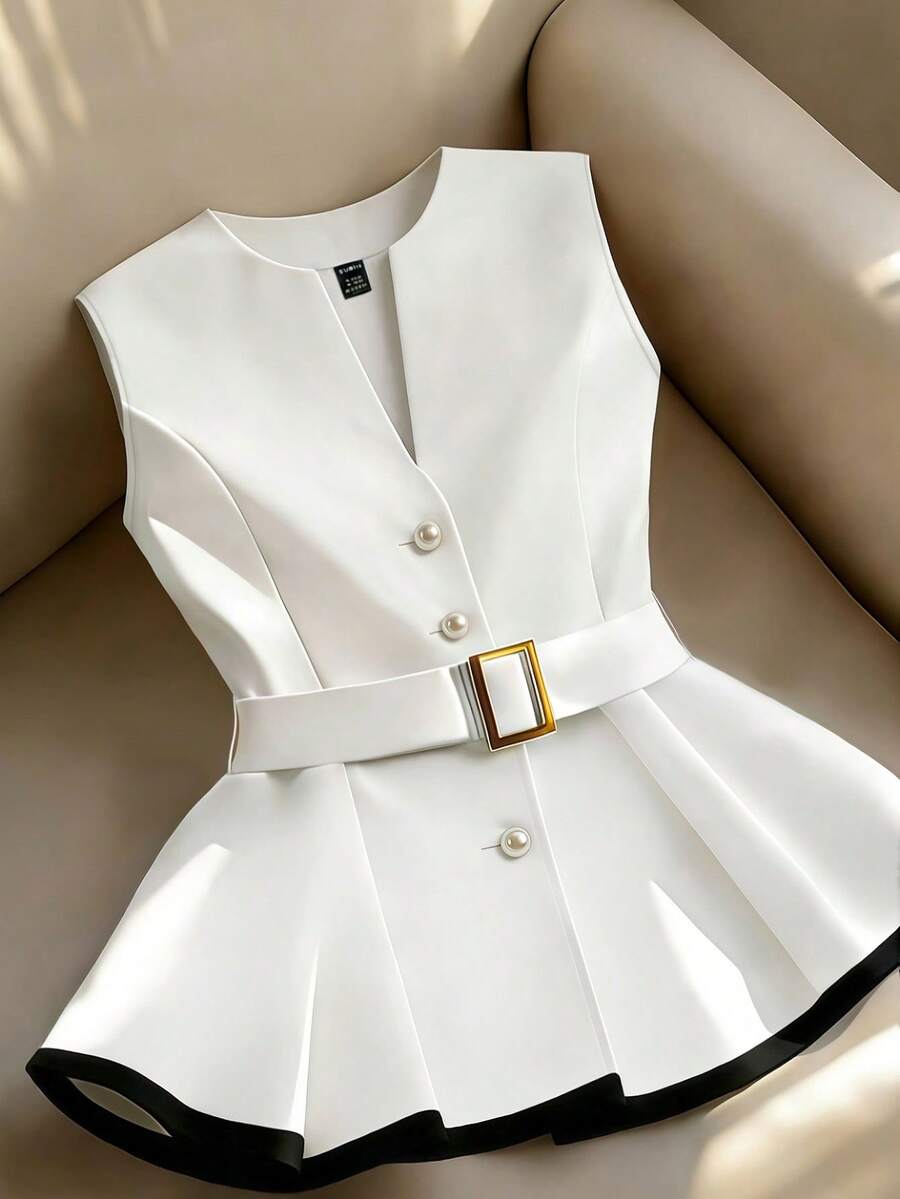 Franclia Women's Black & White Patchwork Shirt, Decorated With Pearl Buttons, Paired With Gold Buckle As Waist Belt, Elegant For Commuting - Black and White - View 1